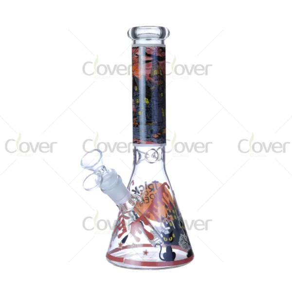 Cheap beaker bong with colorful decal designs, durable borosilicate glass for smooth hits.