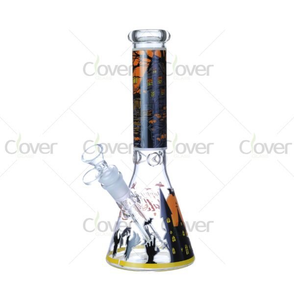 Cheap beaker bong with colorful decal designs, durable borosilicate glass for smooth hits.