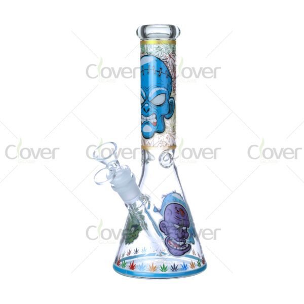 Cheap beaker bong with colorful decal designs, durable borosilicate glass for smooth hits.