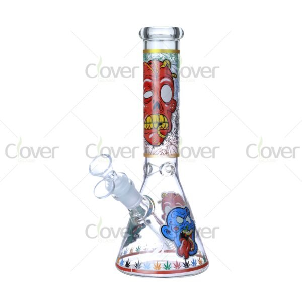 Cheap beaker bong with colorful decal designs, durable borosilicate glass for smooth hits.