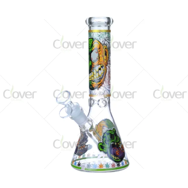 Cheap beaker bong with colorful decal designs, durable borosilicate glass for smooth hits.