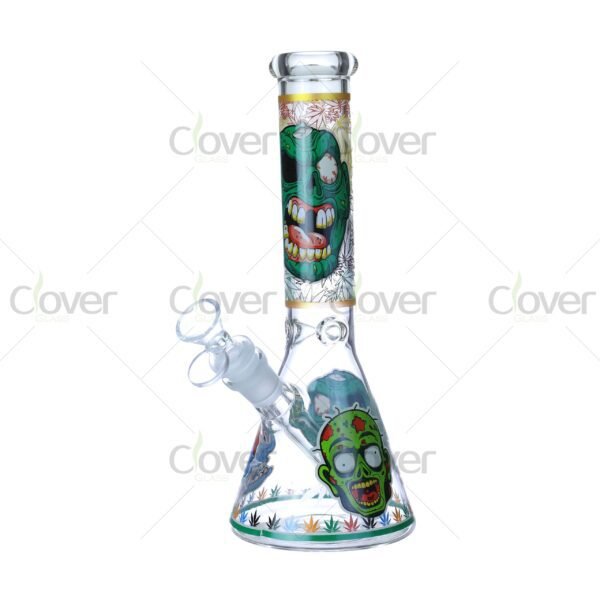 Cheap beaker bong with colorful decal designs, durable borosilicate glass for smooth hits.