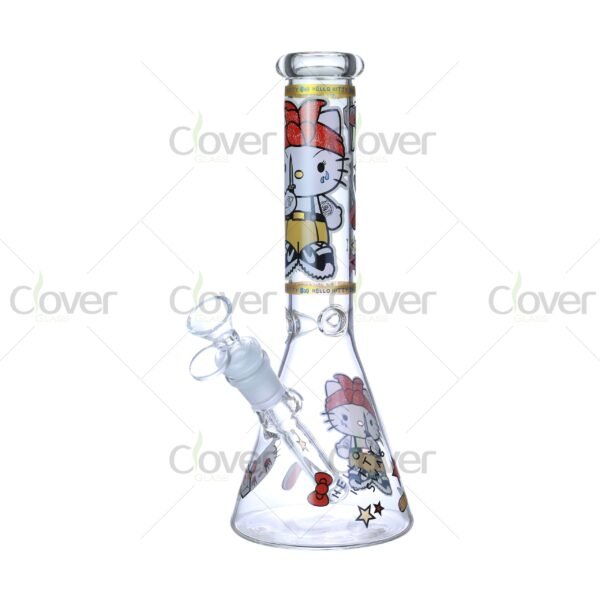 Cheap beaker bong with colorful decal designs, durable borosilicate glass for smooth hits.