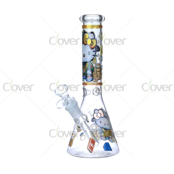 Cheap beaker bong with colorful decal designs, durable borosilicate glass for smooth hits.