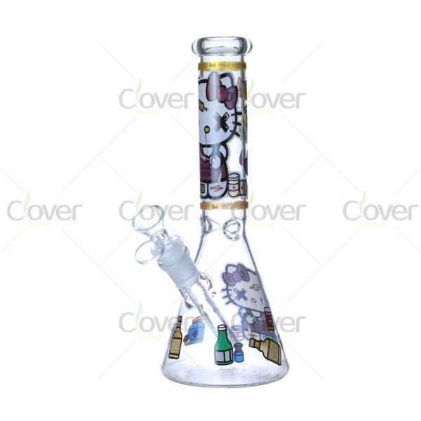 Cheap beaker bong with colorful decal designs, durable borosilicate glass for smooth hits.