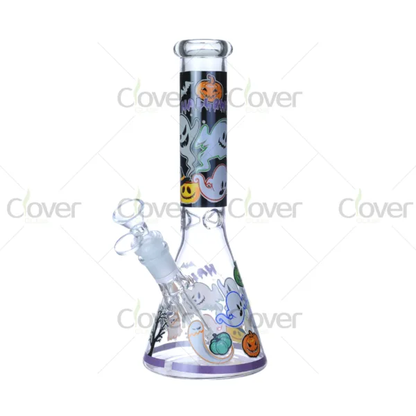 Cheap beaker bong with colorful decal designs, durable borosilicate glass for smooth hits.