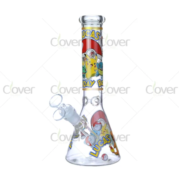 Cheap beaker bong with colorful decal designs, durable borosilicate glass for smooth hits.