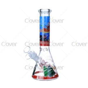 Cheap beaker bong with colorful decal designs, durable borosilicate glass for smooth hits.