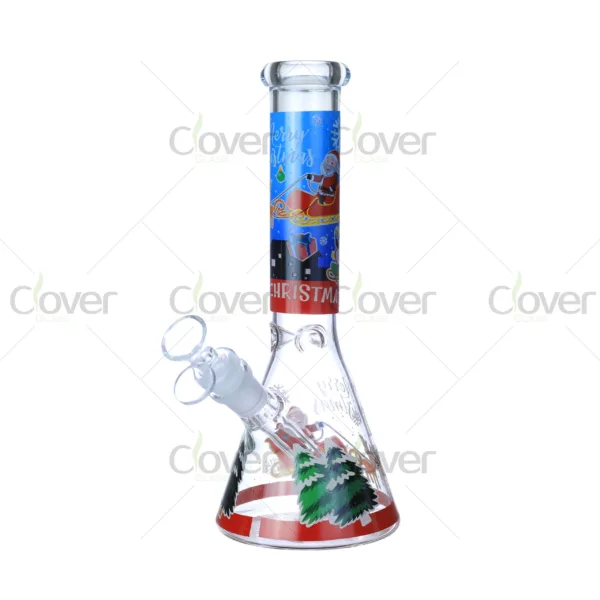 Cheap beaker bong with colorful decal designs, durable borosilicate glass for smooth hits.