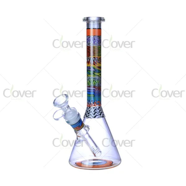 Cheap beaker bong with colorful decal designs, durable borosilicate glass for smooth hits.