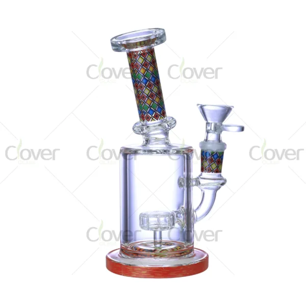 Cheap beaker bong with colorful decal designs, durable borosilicate glass for smooth hits.
