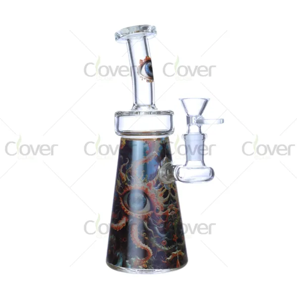 Cheap beaker bong with colorful decal designs, durable borosilicate glass for smooth hits.