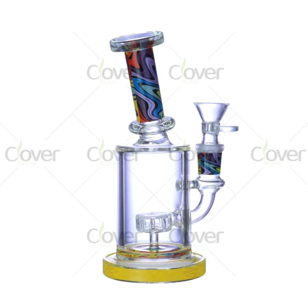 Cheap beaker bong with colorful decal designs, durable borosilicate glass for smooth hits.