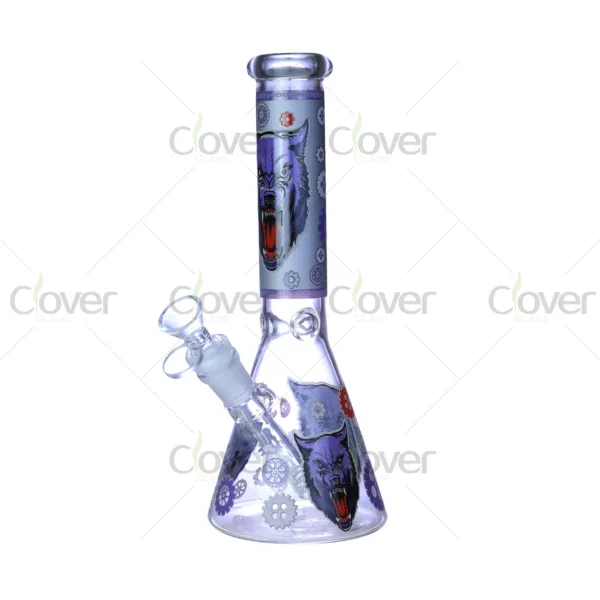 Cheap beaker bong with colorful decal designs, durable borosilicate glass for smooth hits.