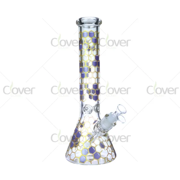 Cheap beaker bong with colorful decal designs, durable borosilicate glass for smooth hits.