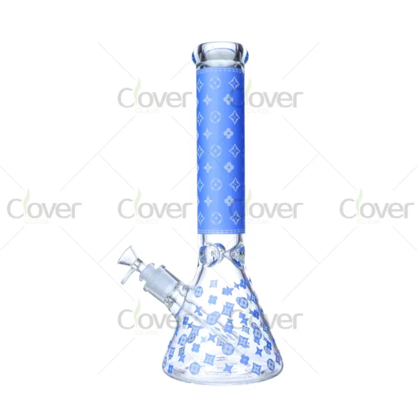 Cheap beaker bong with colorful decal designs, durable borosilicate glass for smooth hits.