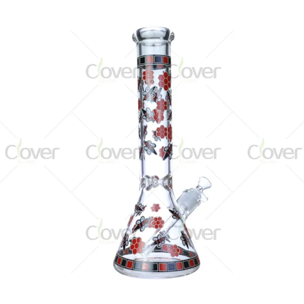 Cheap beaker bong with colorful decal designs, durable borosilicate glass for smooth hits.