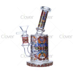 Cheap beaker bong with colorful decal designs, durable borosilicate glass for smooth hits.