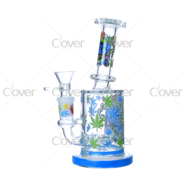 Cheap beaker bong with colorful decal designs, durable borosilicate glass for smooth hits.
