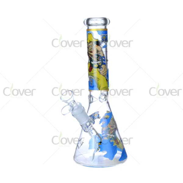 Cheap beaker bong with colorful decal designs, durable borosilicate glass for smooth hits.