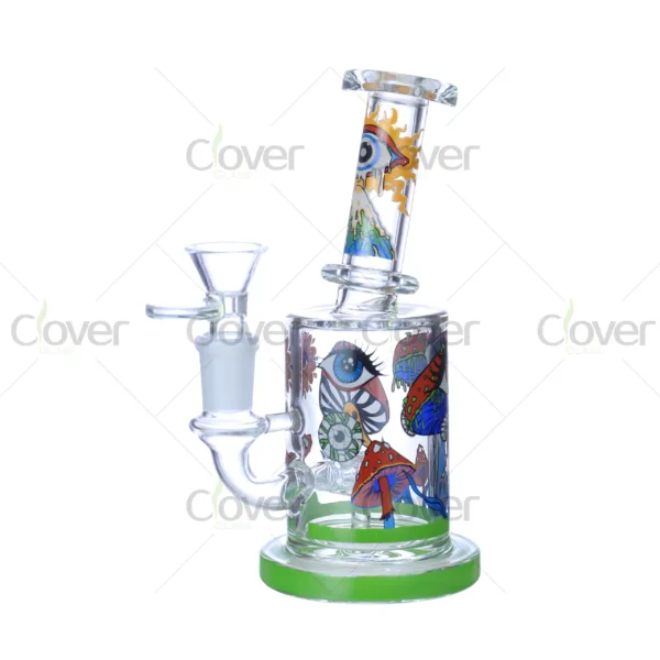 Cheap beaker bong with colorful decal designs, durable borosilicate glass for smooth hits.