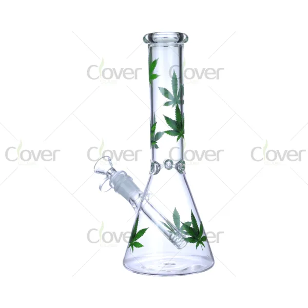 Cheap beaker bong with colorful decal designs, durable borosilicate glass for smooth hits.