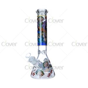 Cheap beaker bong with colorful decal designs, durable borosilicate glass for smooth hits.