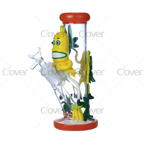 CloverGlass 3D cartoon banana bong with funny design, handmade borosilicate glass water pipe decorated with leaves, ideal for wholesale buyers