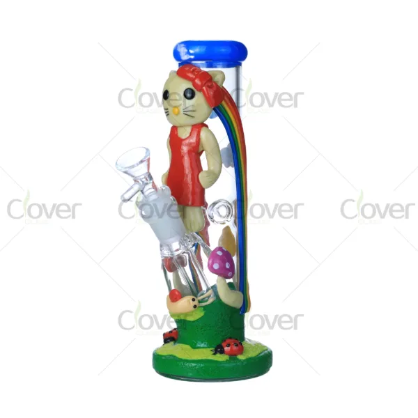 Cute Cartoon Rainbow Glass Bong with Cat and Mushroom Design
