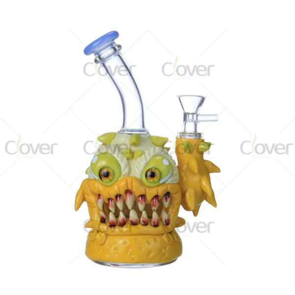 CloverGlass glow in the dark monster bong, colorful handmade glass water pipe with 3D scary cartoon design, wholesale novelty bongs bulk for smoke shops
