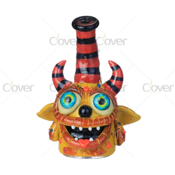 Cartoon Monster Glass Bong with Big Eyes and Striped Horns, Glow in the Dark