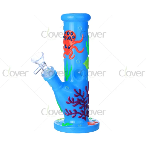 Blue Glow in the Dark Glass Bong with Octopus and Coral Design