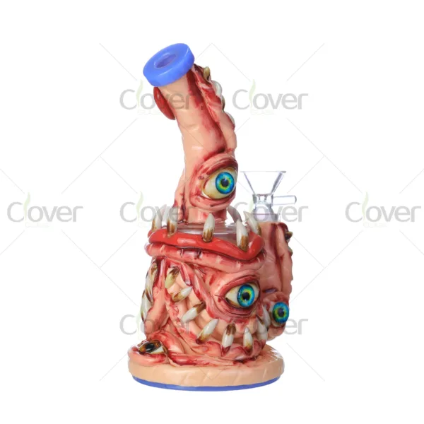 CloverGlass monster eye themed glow in the dark bong, handmade borosilicate glass water pipe with 3D scary design, wholesale bulk supply.