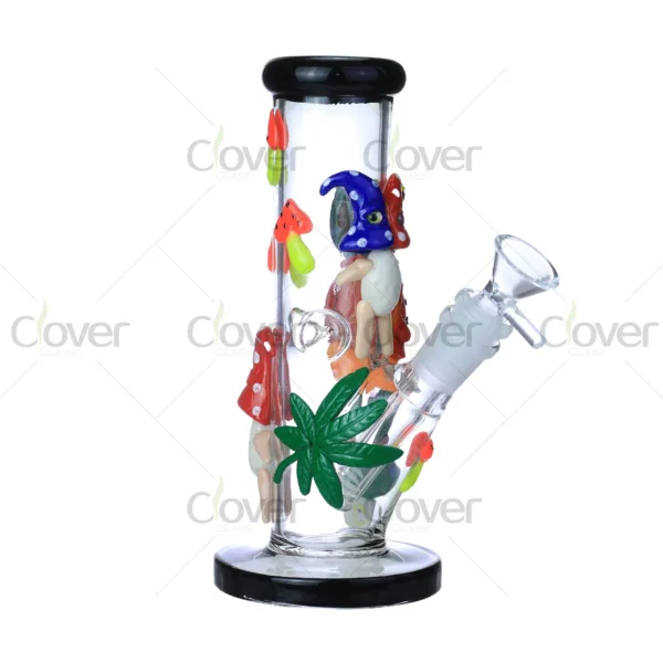 CloverGlass handmade 3D cartoon bong with mushroom and gnome design, glow in the dark borosilicate glass water pipe for wholesale buyers.