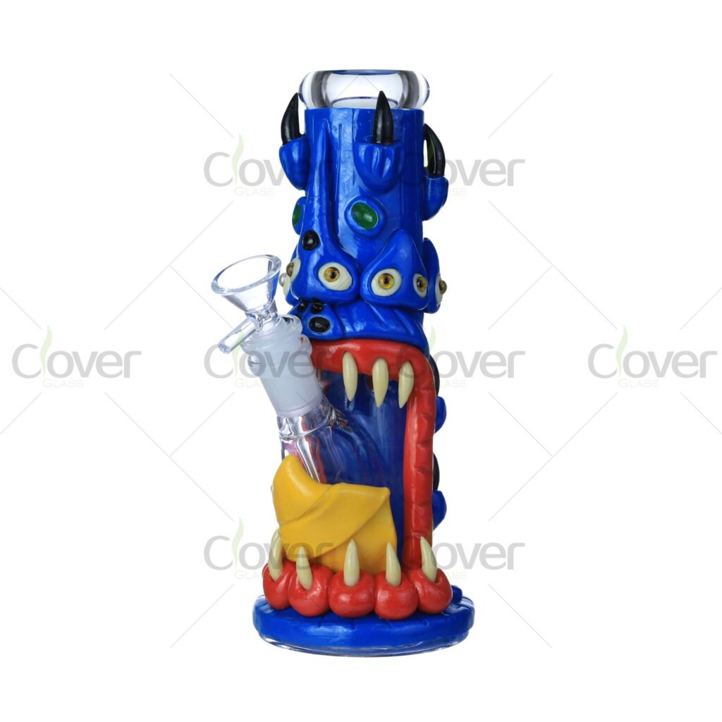 Blue monster glass bong with multiple eyes, sharp teeth, and claw details.