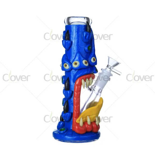 CloverGlass glow in the dark monster bong, handmade 3D glass water pipe with scary cartoon design and luminous effect, wholesale novelty bongs bulk supply