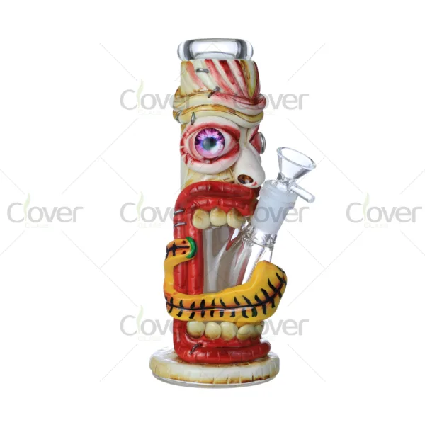 CloverGlass cartoon monster bong with glow in the dark effect, 3D handmade glass water pipe with creative scary design, wholesale novelty bongs bulk supply