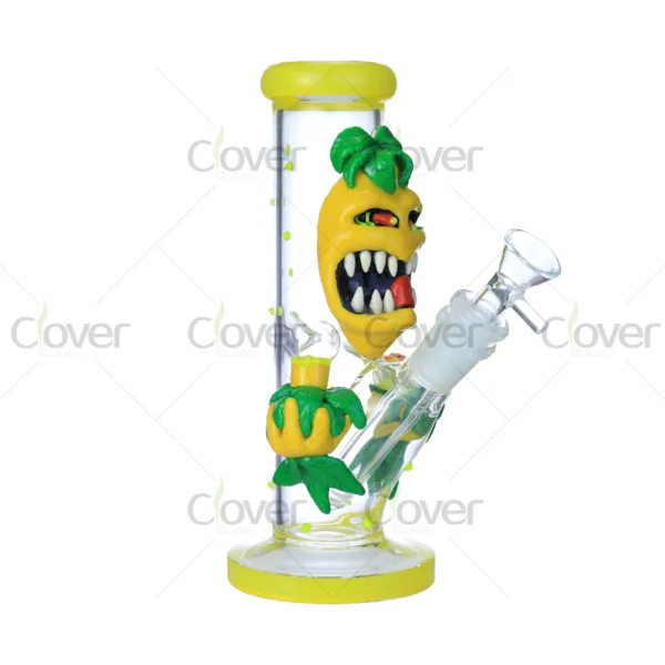 CloverGlass glow in the dark cartoon bong, 3D funny character design borosilicate glass water pipe with luminous details, cheap wholesale bulk supply.