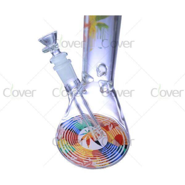 Cheap beaker bong with colorful decal designs, durable borosilicate glass for smooth hits.