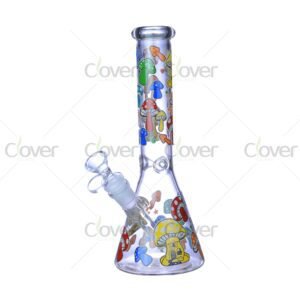 Cheap beaker bong with colorful decal designs, durable borosilicate glass for smooth hits.