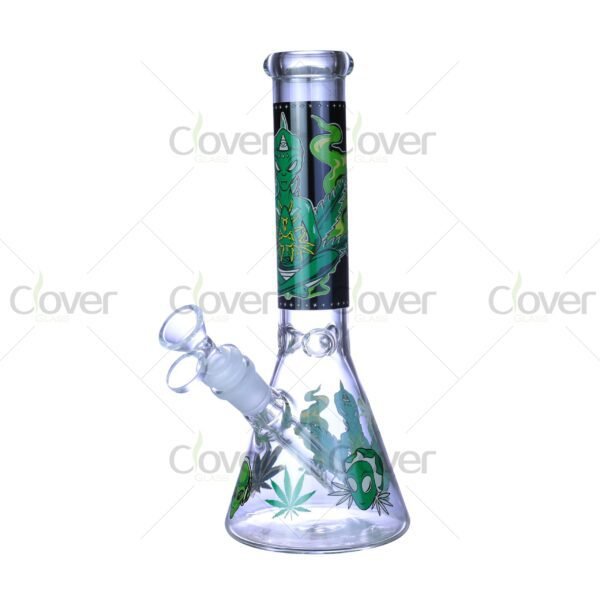 Cheap beaker bong with colorful decal designs, durable borosilicate glass for smooth hits.