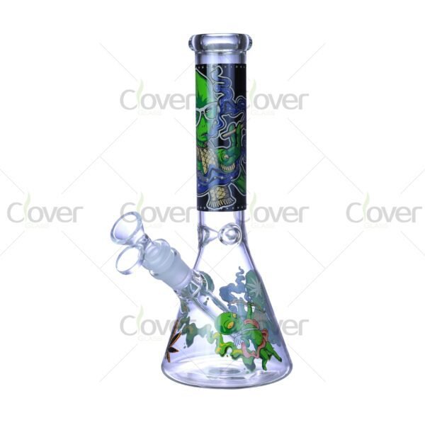 Cheap beaker bong with colorful decal designs, durable borosilicate glass for smooth hits.
