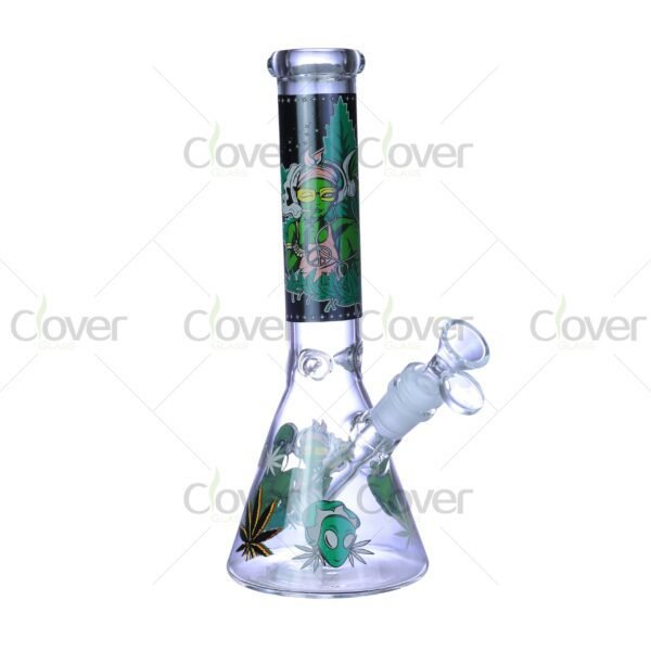 Cheap beaker bong with colorful decal designs, durable borosilicate glass for smooth hits.