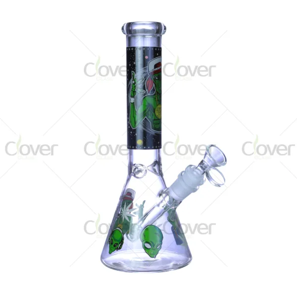 Cheap beaker bong with colorful decal designs, durable borosilicate glass for smooth hits.