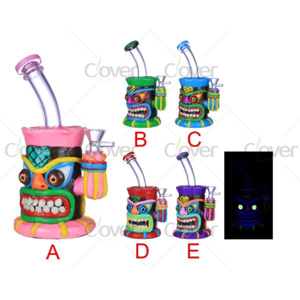 Tiki Mask Glow in the Dark Glass Bong Dab Rig with Funny Face