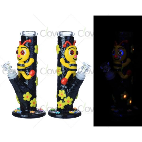 Glow in the Dark Bee Character Glass Bong – Cute Flower Novelty Dab Rig