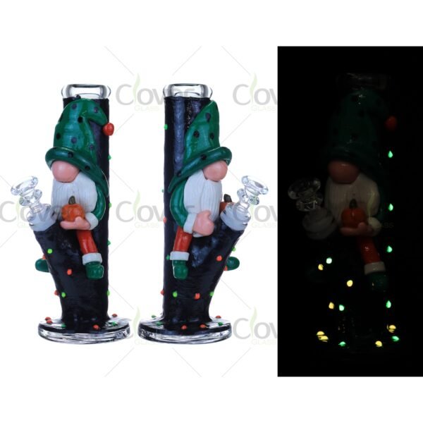 Glow in the Dark Christmas Gnome Glass Bong – Holiday Novelty Dab Rig