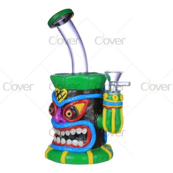 Tiki Mask Glow in the Dark Glass Bong Dab Rig with Funny Face