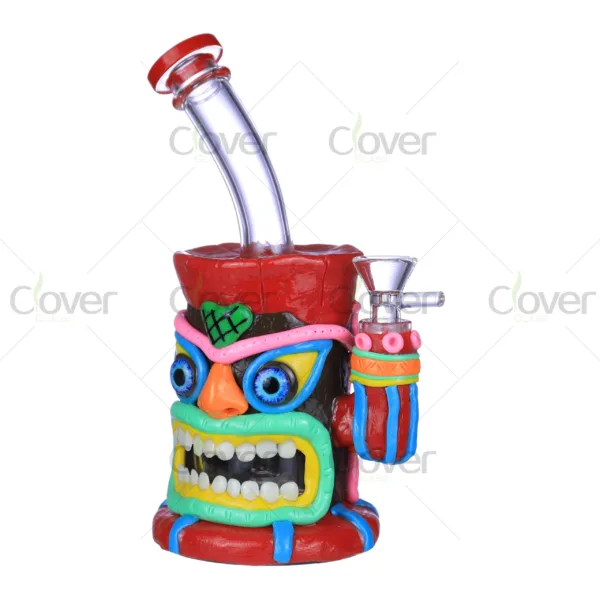 Tiki Mask Glow in the Dark Glass Bong Dab Rig with Funny Face