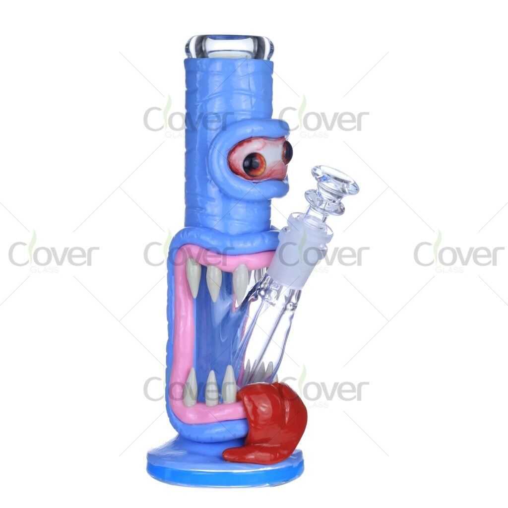 8.66" Blue Cyclops Monster Bong – UV Reactive Glow Teeth & 3D Tongue Design | 5mm Thick